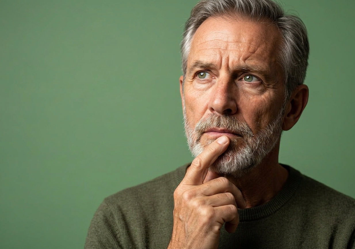 Person thoughtfully considering credit questions