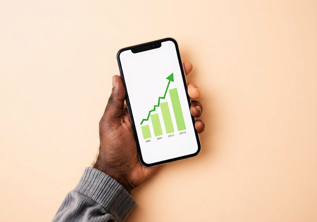 Phone showing a rising credit score chart